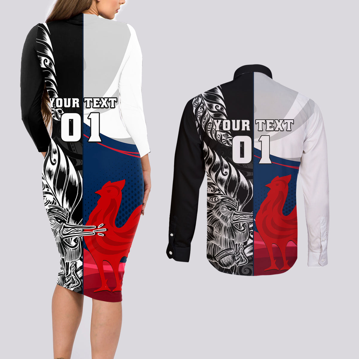 Custom New Zealand And France Rugby Couples Matching Long Sleeve Bodycon Dress and Long Sleeve Button Shirts XV de France Kiwi Silver Fern 2023 World Cup LT01 - Polynesian Pride