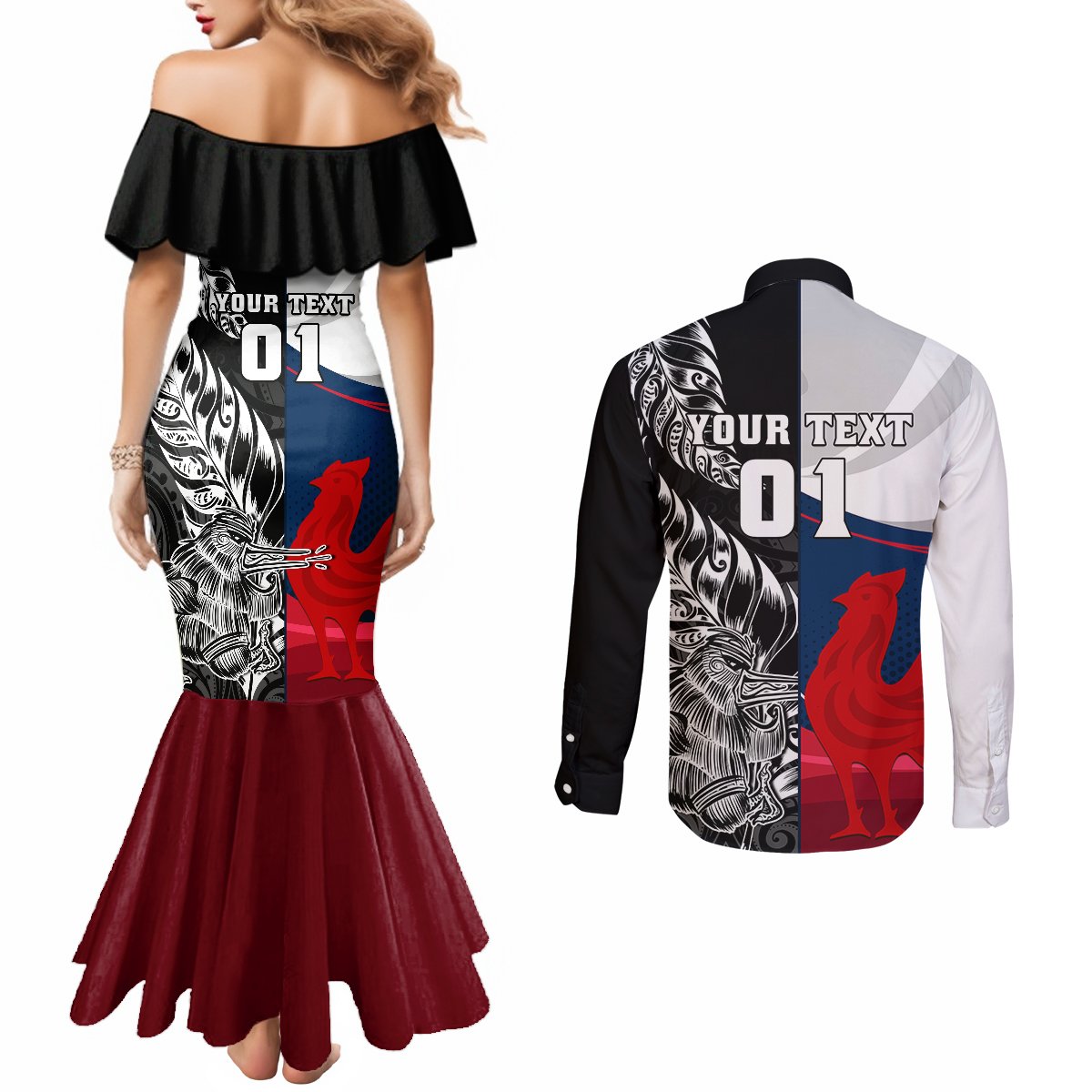 Custom New Zealand And France Rugby Couples Matching Mermaid Dress and Long Sleeve Button Shirts XV de France Kiwi Silver Fern 2023 World Cup LT01 - Polynesian Pride