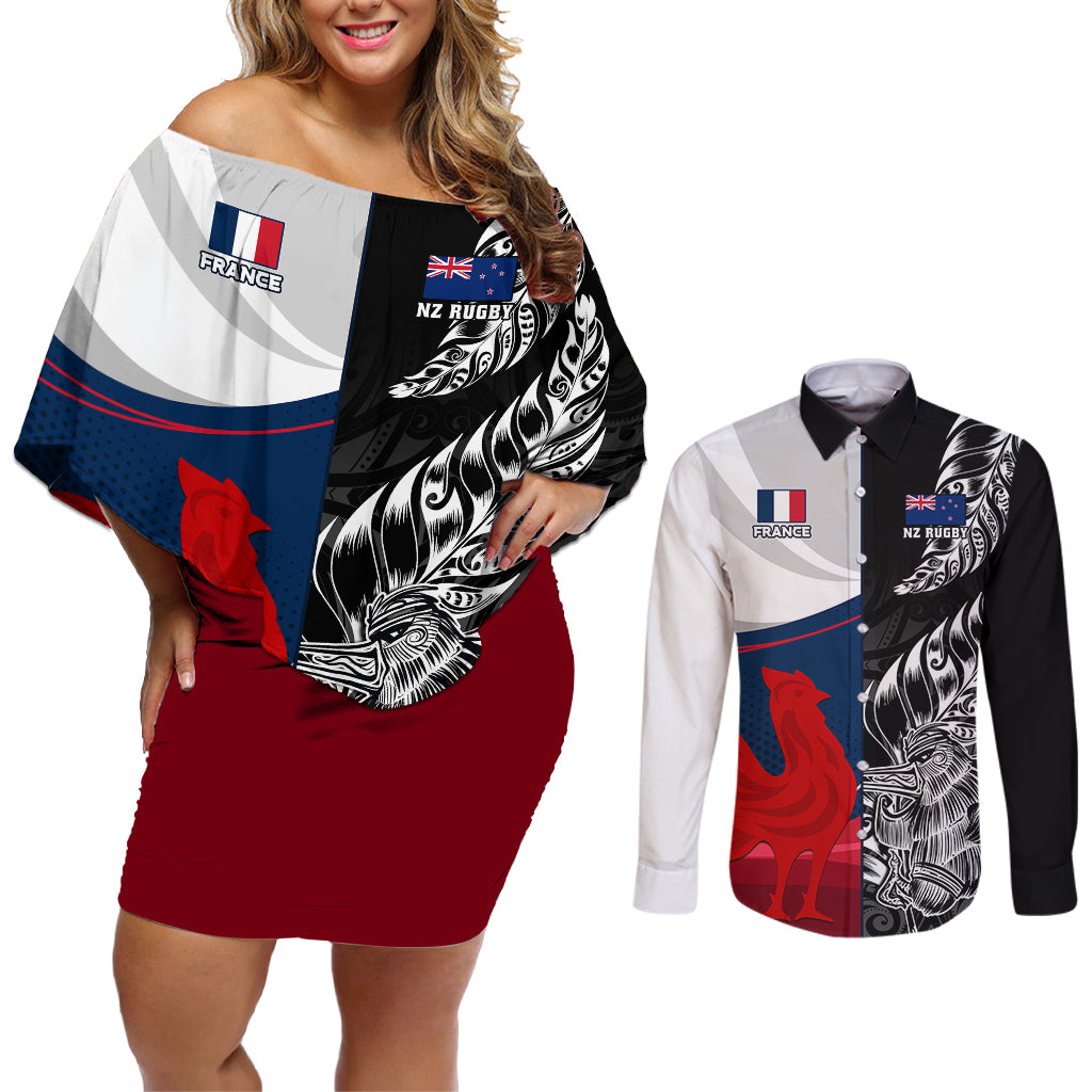 Custom New Zealand And France Rugby Couples Matching Off Shoulder Short Dress and Long Sleeve Button Shirts XV de France Kiwi Silver Fern 2023 World Cup LT01 Black - Polynesian Pride