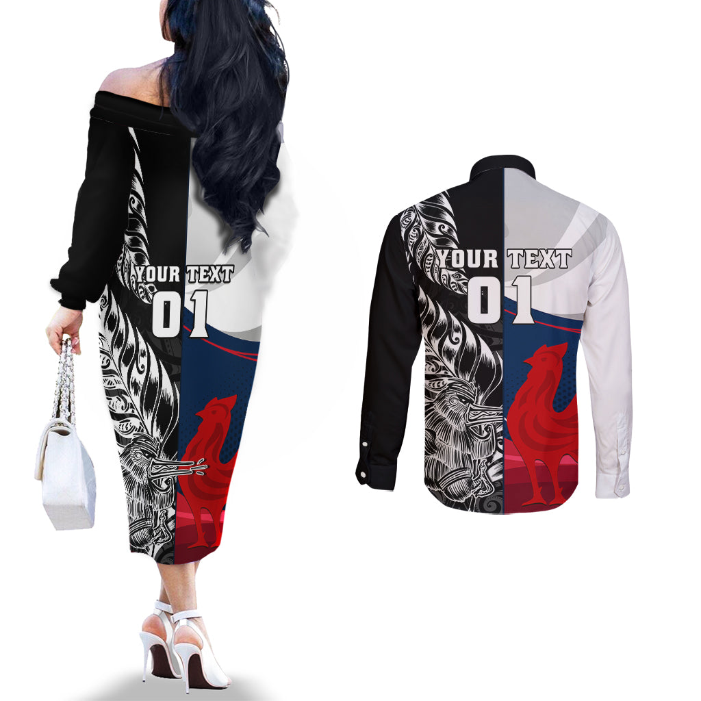 Custom New Zealand And France Rugby Couples Matching Off The Shoulder Long Sleeve Dress and Long Sleeve Button Shirts XV de France Kiwi Silver Fern 2023 World Cup LT01 - Polynesian Pride