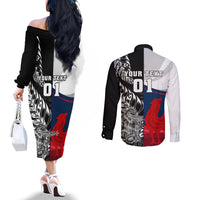 Custom New Zealand And France Rugby Couples Matching Off The Shoulder Long Sleeve Dress and Long Sleeve Button Shirts XV de France Kiwi Silver Fern 2023 World Cup LT01 - Polynesian Pride
