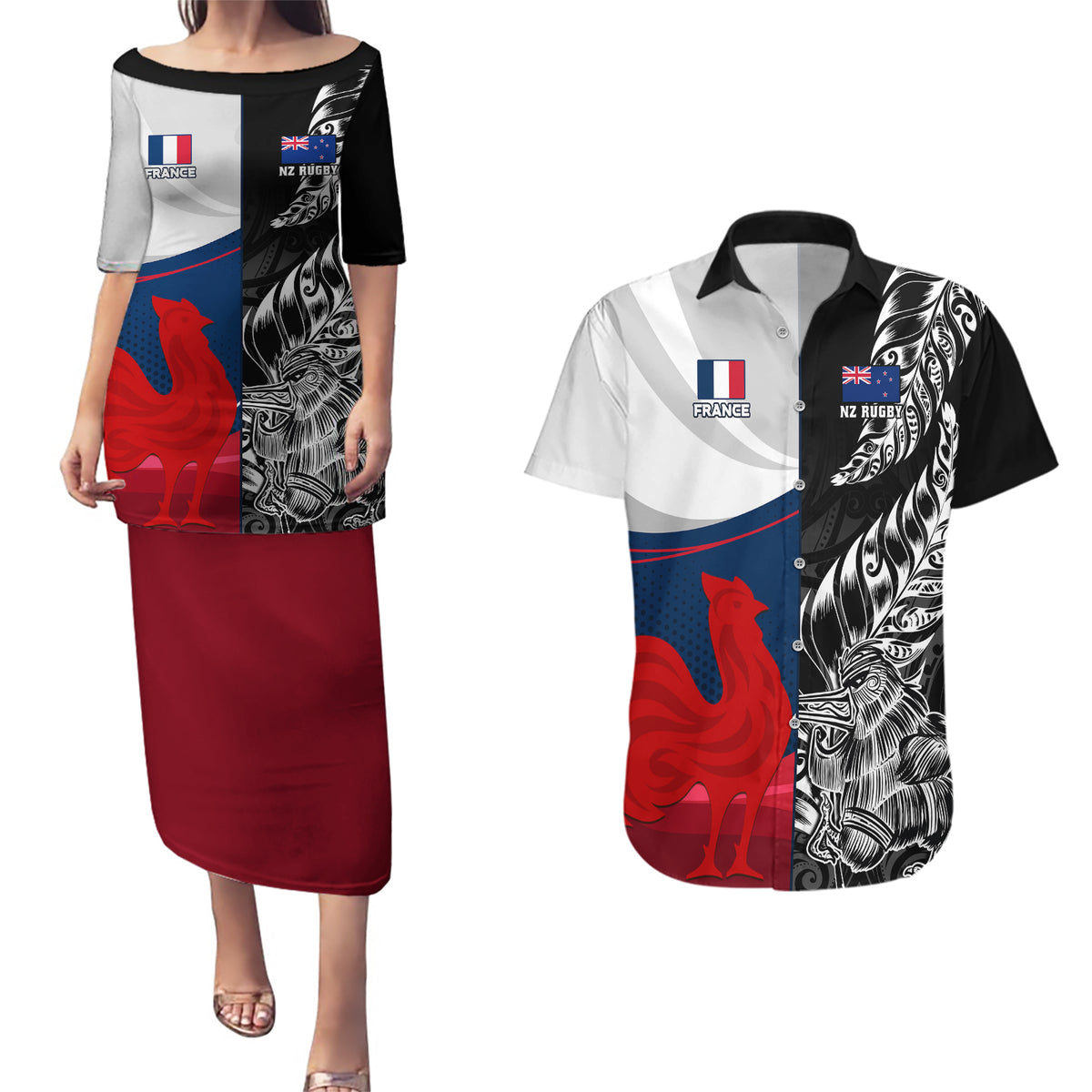 custom-new-zealand-and-france-rugby-couples-matching-puletasi-dress-and-hawaiian-shirt-xv-de-france-kiwi-silver-fern-2023-world-cup