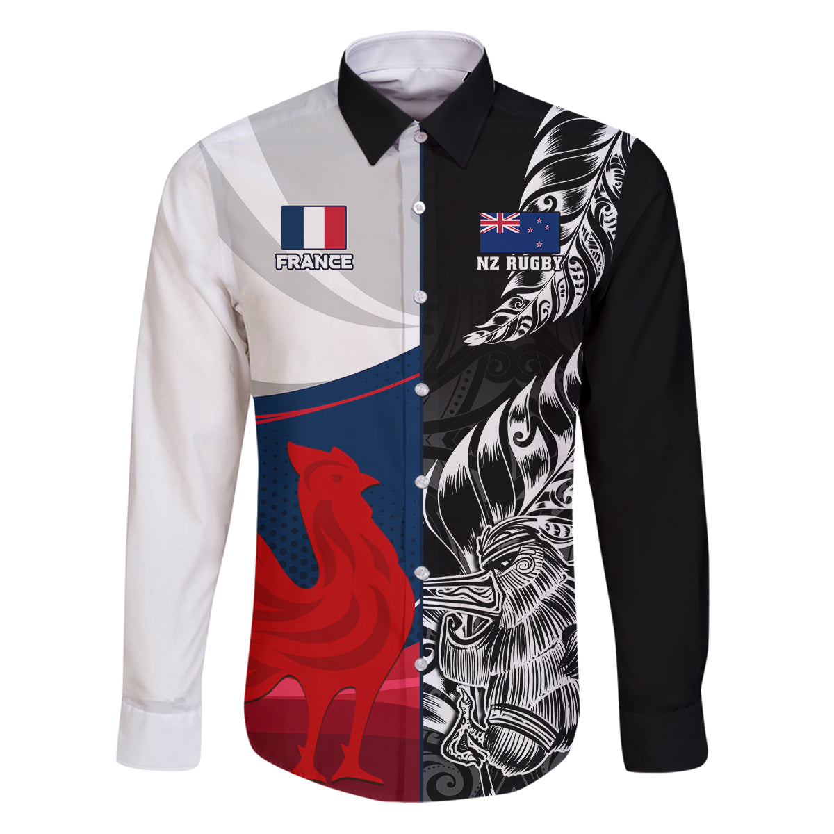 Custom New Zealand And France Rugby Family Matching Puletasi Dress and Hawaiian Shirt XV de France Kiwi Silver Fern 2023 World Cup LT01 Dad's Shirt - Long Sleeve Black - Polynesian Pride