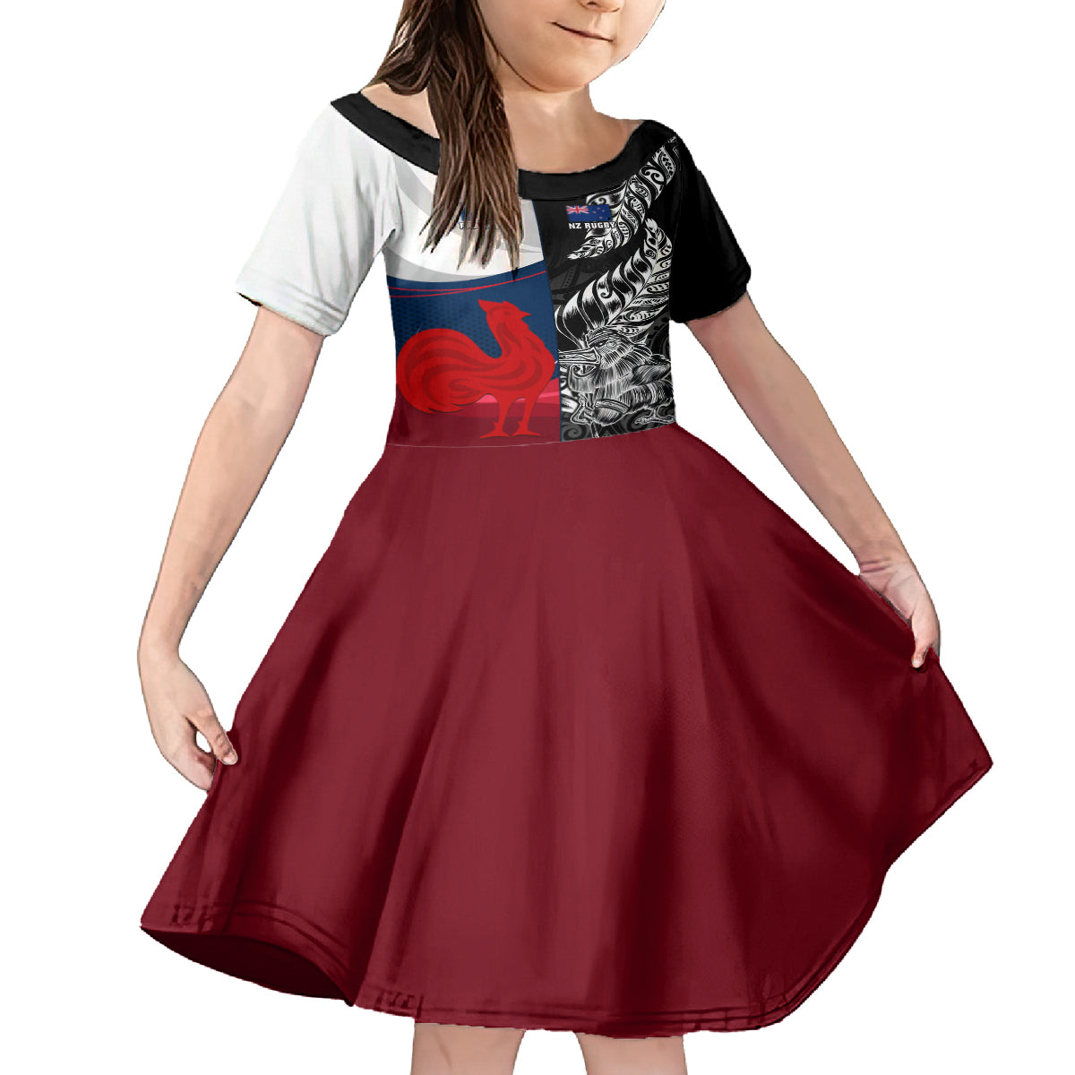 Custom New Zealand And France Rugby Kid Short Sleeve Dress XV de France Kiwi Silver Fern 2023 World Cup LT01 KID Black - Polynesian Pride