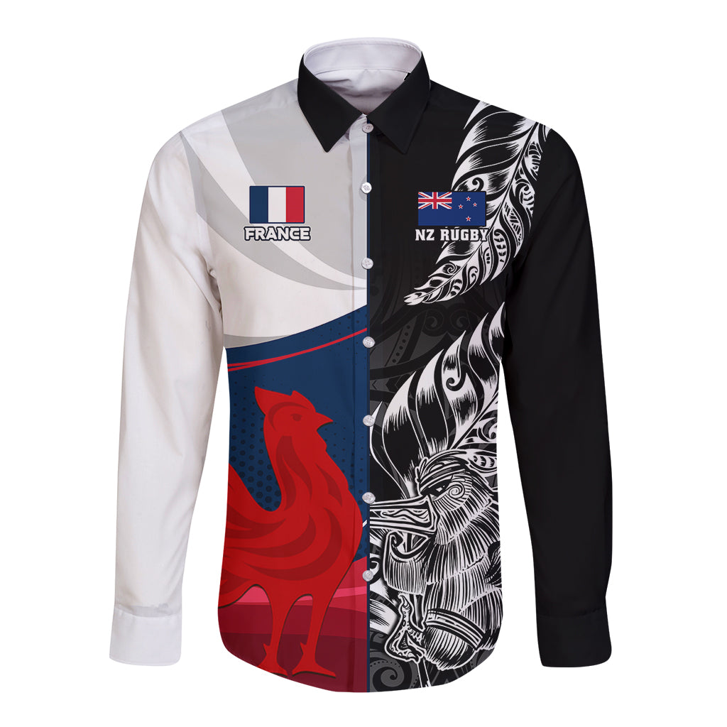 Custom New Zealand And France Rugby Long Sleeve Button Shirt XV de France Kiwi Silver Fern 2023 World Cup LT01 Unisex Black - Polynesian Pride