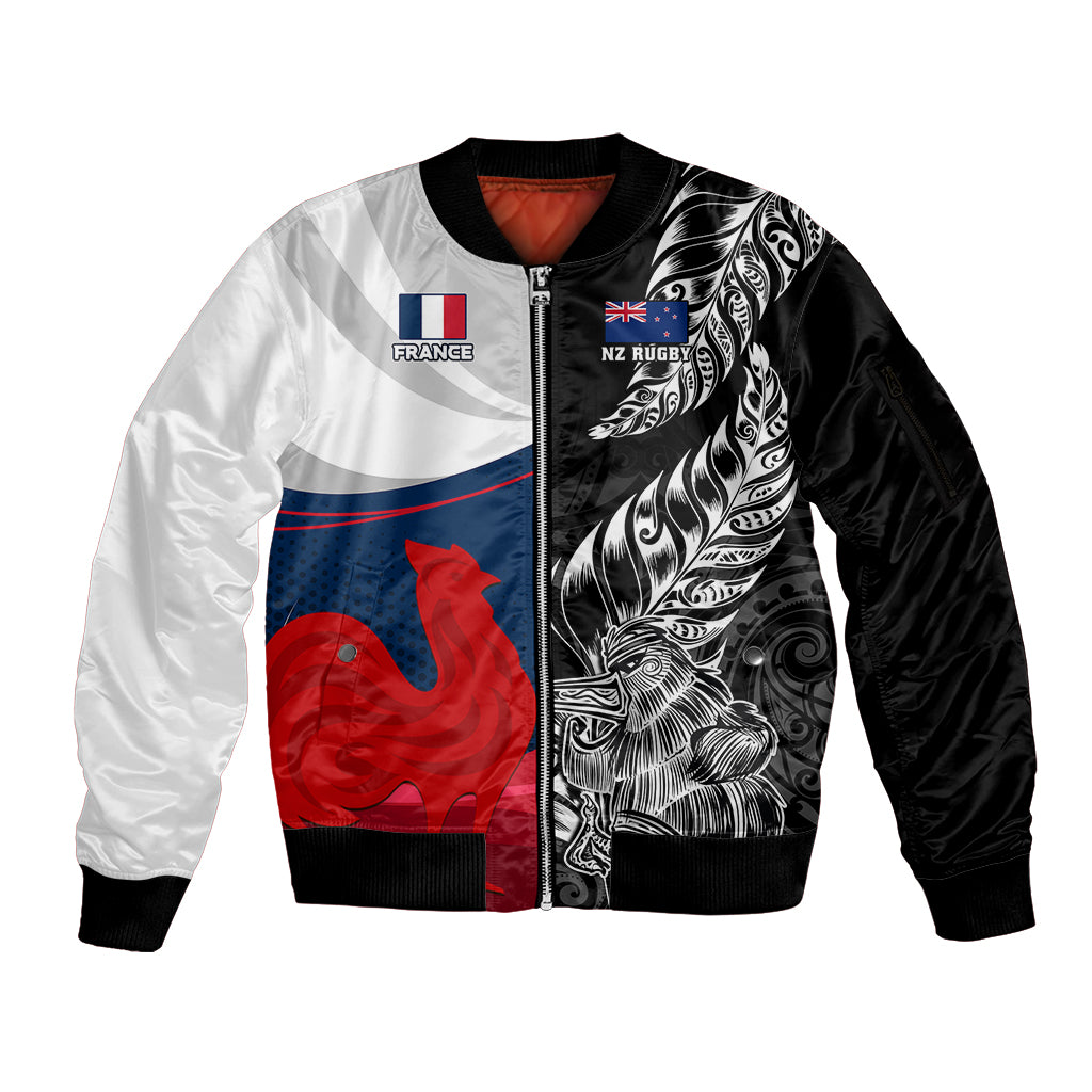Custom New Zealand And France Rugby Sleeve Zip Bomber Jacket XV de France Kiwi Silver Fern 2023 World Cup LT01 Unisex Black - Polynesian Pride