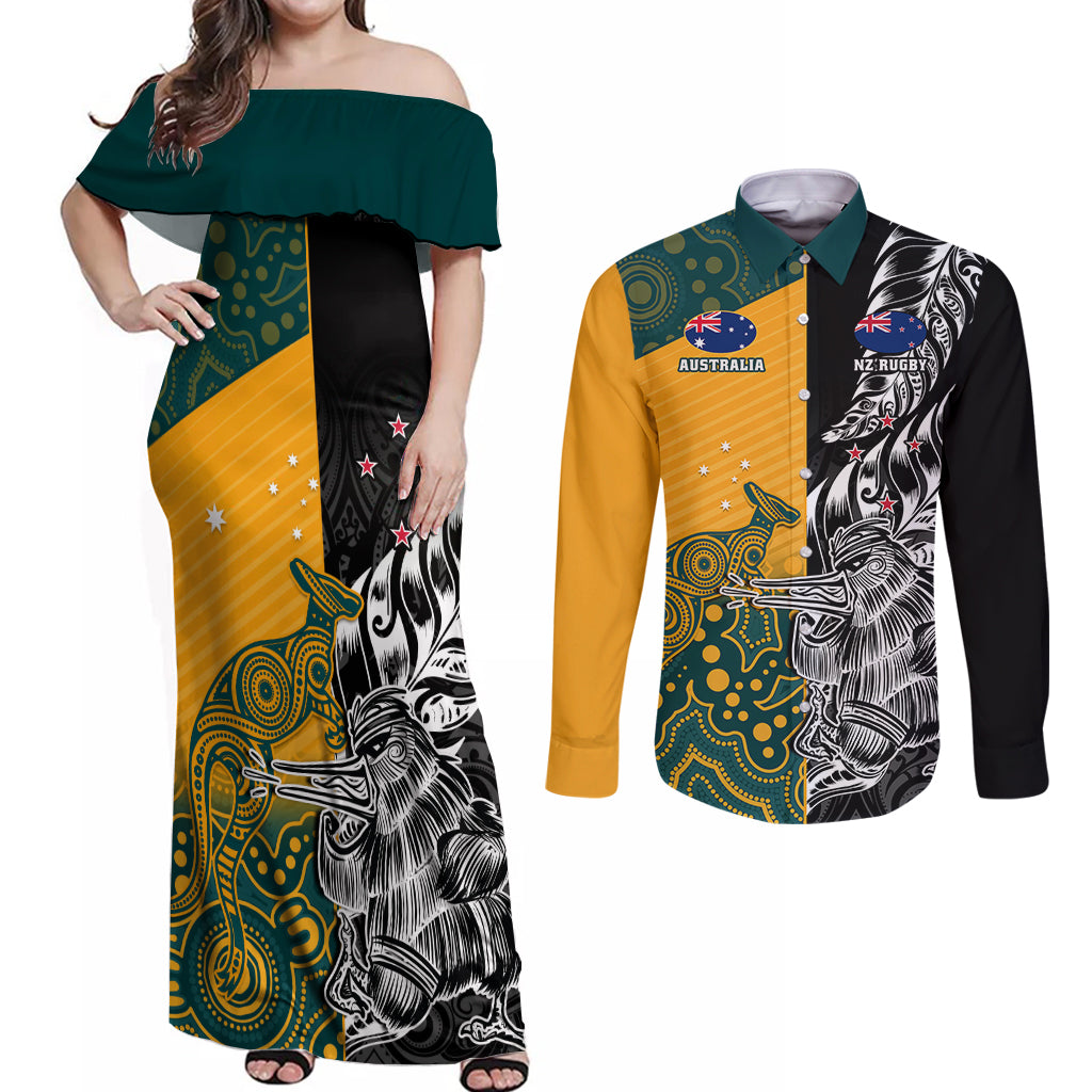 Custom New Zealand And Australia Rugby Couples Matching Off Shoulder Maxi Dress and Long Sleeve Button Shirts Wallabies Kiwi Silver Fern 2023 World Cup LT01 Black - Polynesian Pride