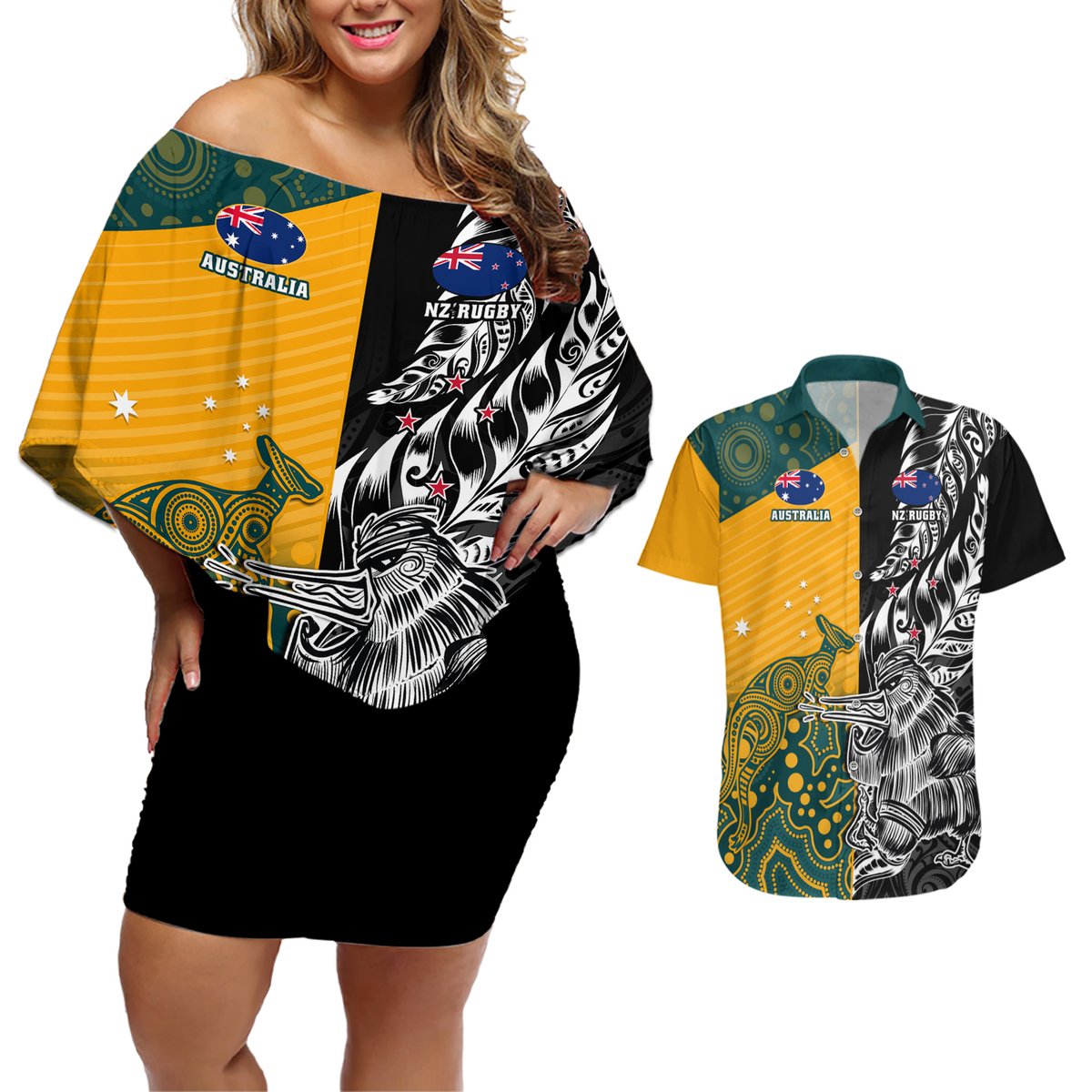Custom New Zealand And Australia Rugby Couples Matching Off Shoulder Short Dress and Hawaiian Shirt Wallabies Kiwi Silver Fern 2023 World Cup LT01 Black - Polynesian Pride
