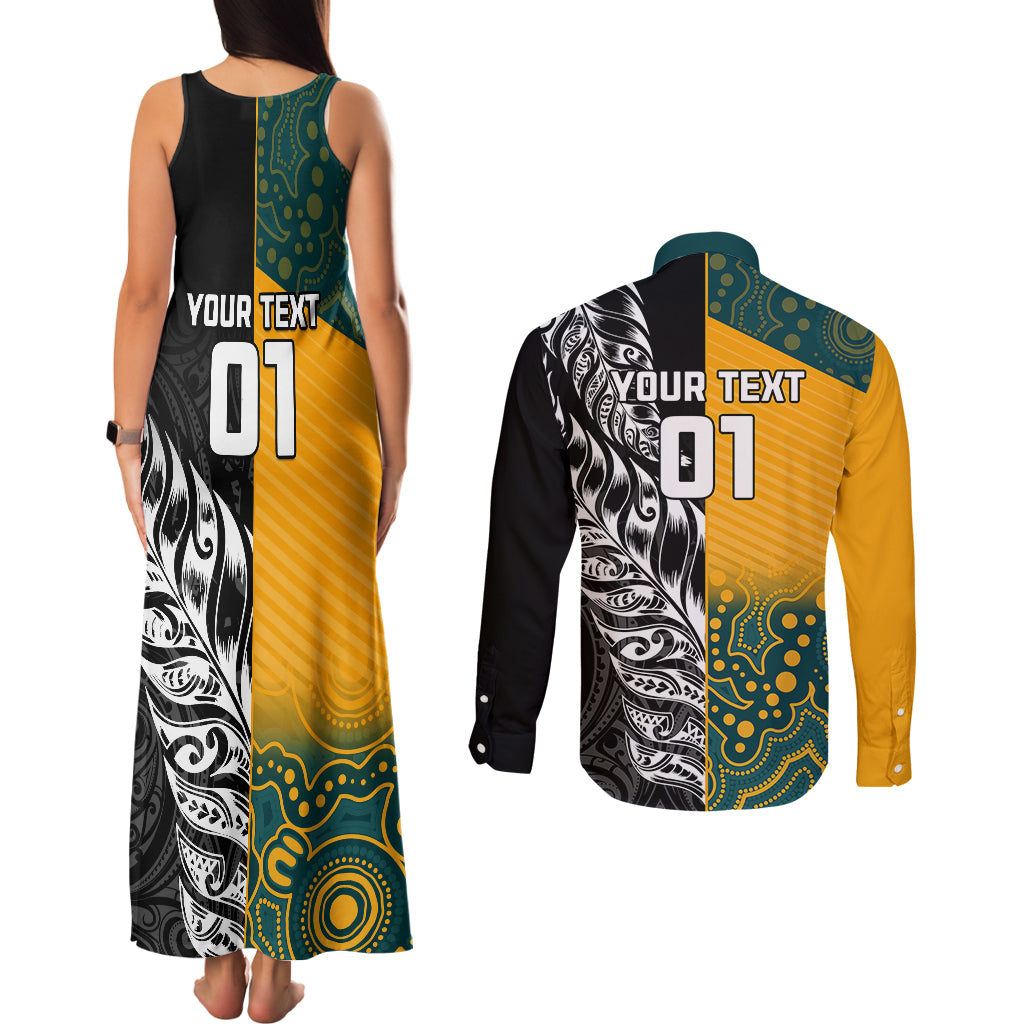 Custom New Zealand And Australia Rugby Couples Matching Tank Maxi Dress and Long Sleeve Button Shirts Wallabies Kiwi Silver Fern 2023 World Cup LT01 - Polynesian Pride