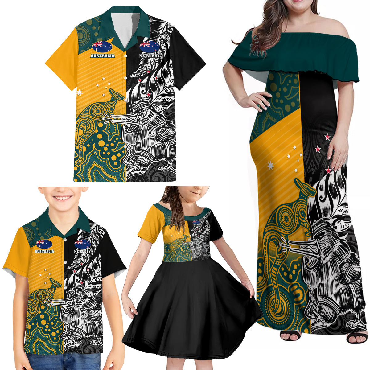 Custom New Zealand And Australia Rugby Family Matching Off Shoulder Maxi Dress and Hawaiian Shirt Wallabies Kiwi Silver Fern 2023 World Cup LT01 - Polynesian Pride