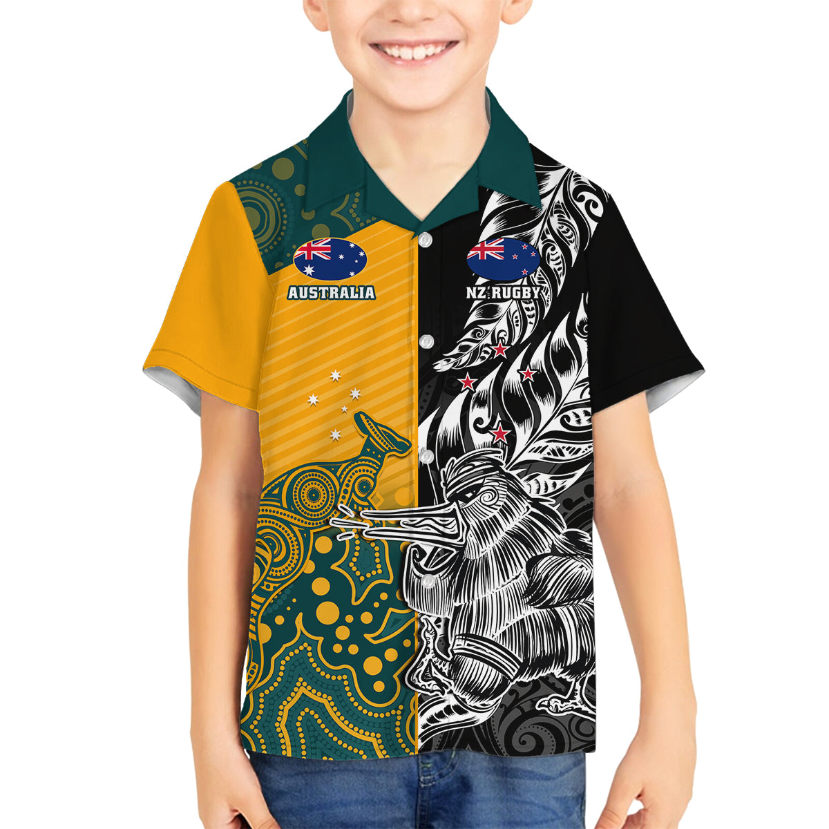Custom New Zealand And Australia Rugby Family Matching Puletasi Dress and Hawaiian Shirt Wallabies Kiwi Silver Fern 2023 World Cup LT01 Son's Shirt Black - Polynesian Pride