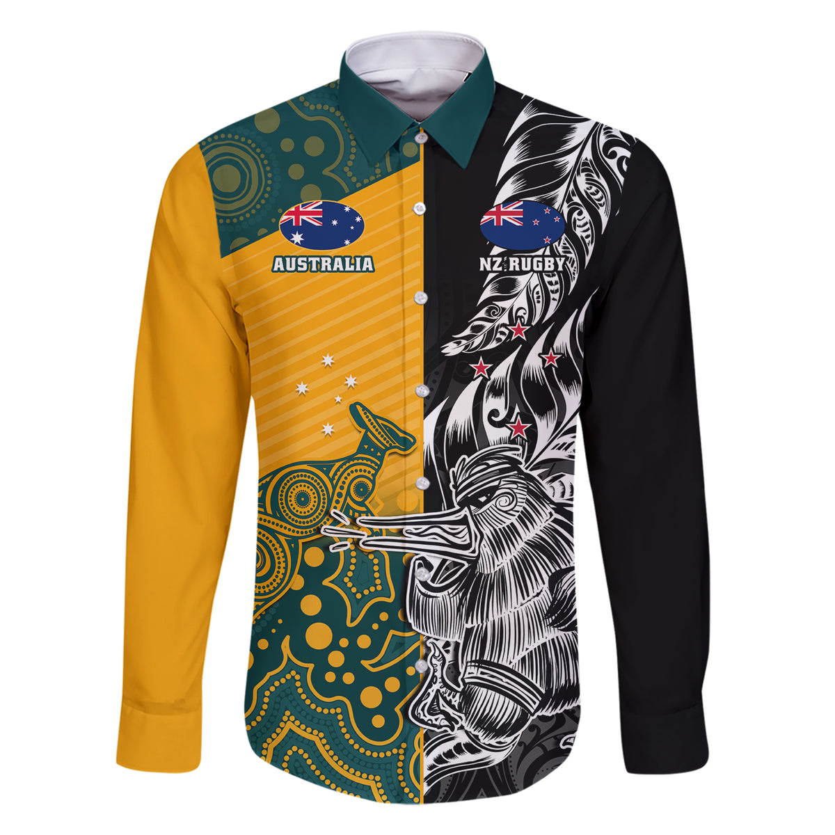 custom-new-zealand-and-ausrtralia-rugby-family-matching-short-sleeve-bodycon-dress-and-hawaiian-shirt-wallabies-kiwi-silver-fern-2023-world-cup
