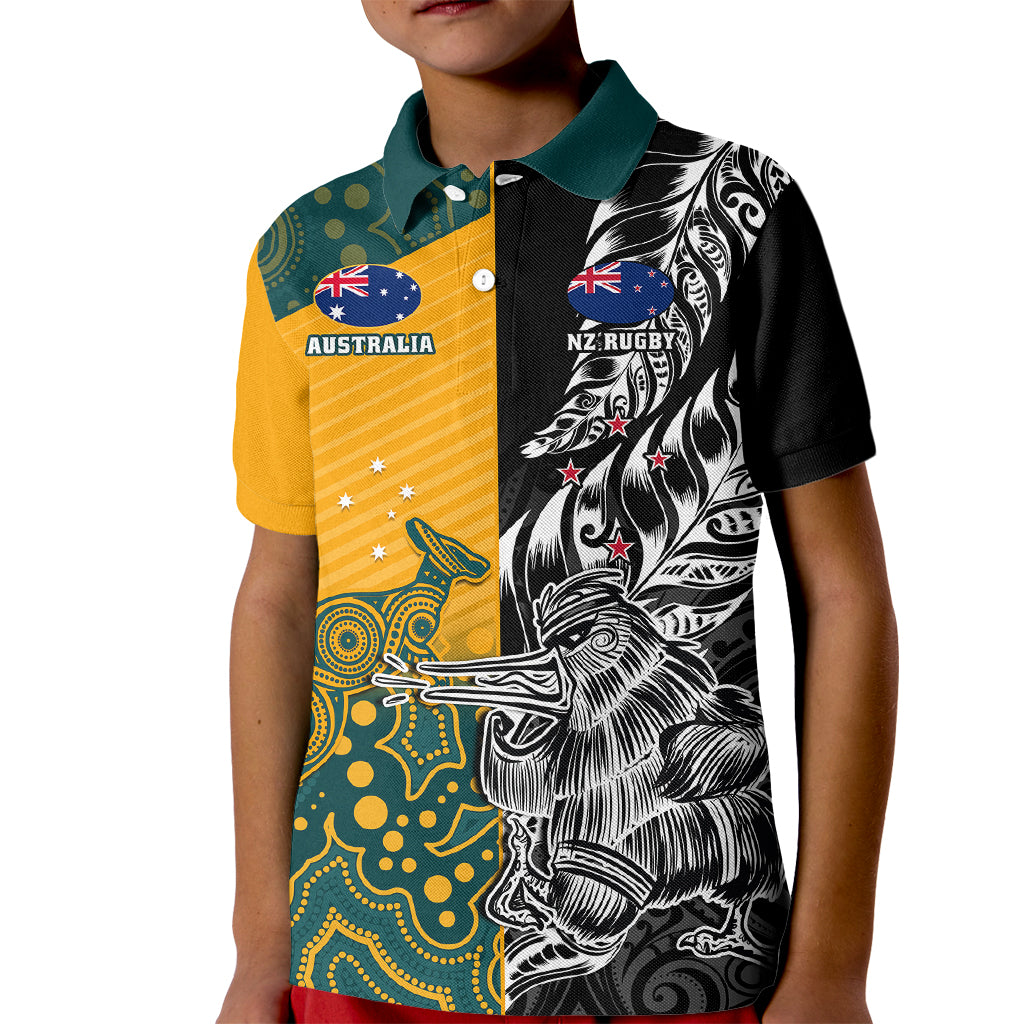 Custom New Zealand And Australia Rugby Kid Polo Shirt Wallabies Kiwi Silver Fern 2023 World Cup LT01 Kid Black - Polynesian Pride