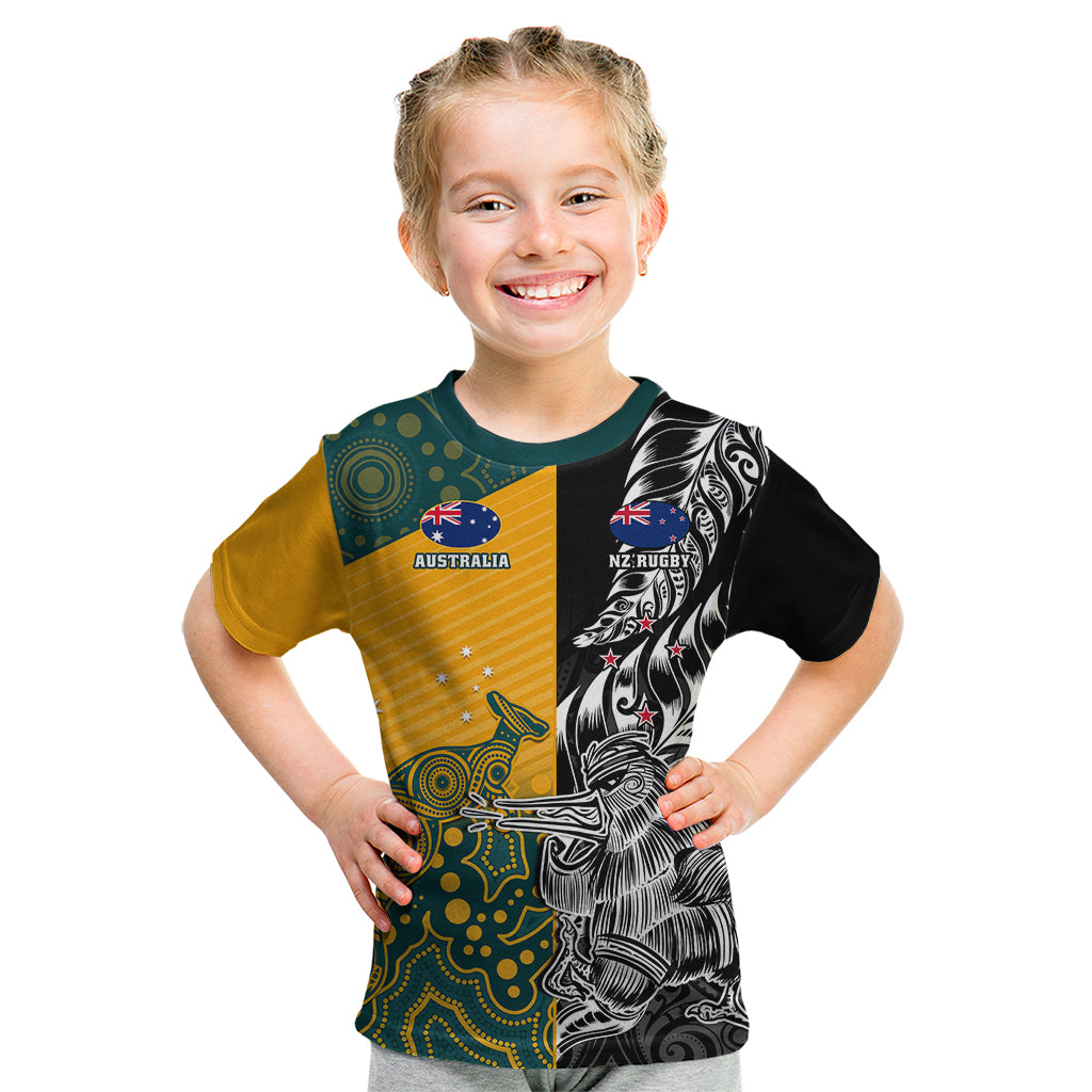 Custom New Zealand And Australia Rugby Kid T Shirt Wallabies Kiwi Silver Fern 2023 World Cup LT01 Black - Polynesian Pride