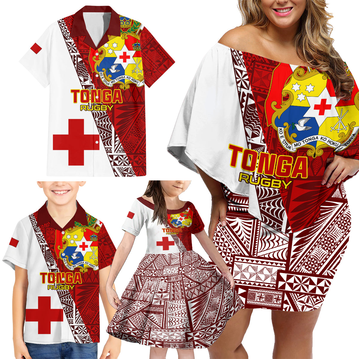 Tonga Rugby Family Matching Off Shoulder Short Dress and Hawaiian Shirt Tongan Go 2023 World Cup LT01 - Polynesian Pride