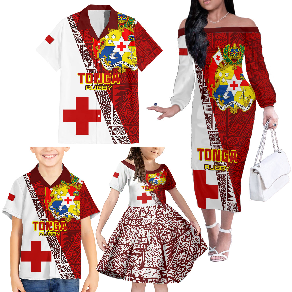 Custom Tonga Rugby Family Matching Off Shoulder Long Sleeve Dress and Hawaiian Shirt Tongan Go 2023 World Cup LT01 - Polynesian Pride