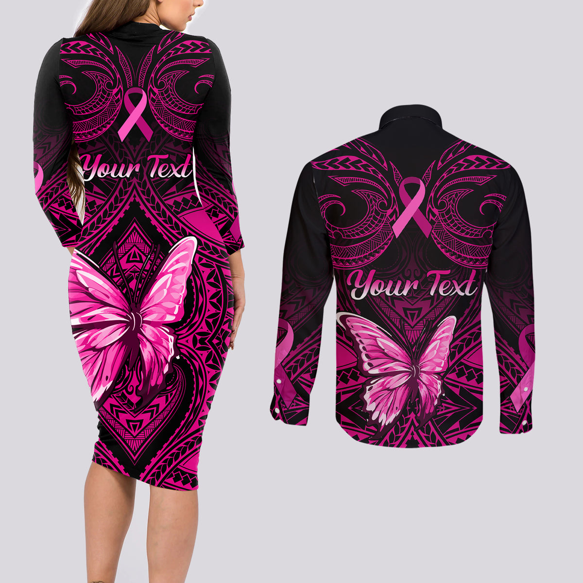 personalised-pink-out-couples-matching-long-sleeve-bodycon-dress-and-long-sleeve-button-shirts-breast-cancer-awareness-polynesian-pattern-black-version
