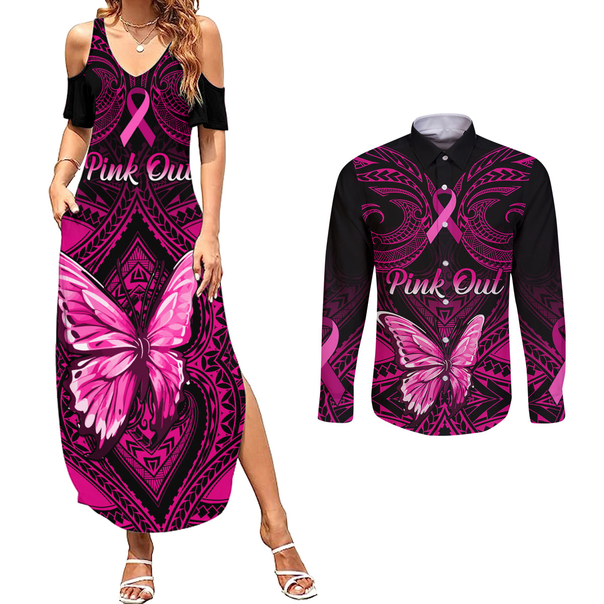 personalised-pink-out-couples-matching-summer-maxi-dress-and-long-sleeve-button-shirts-breast-cancer-awareness-polynesian-pattern-black-version