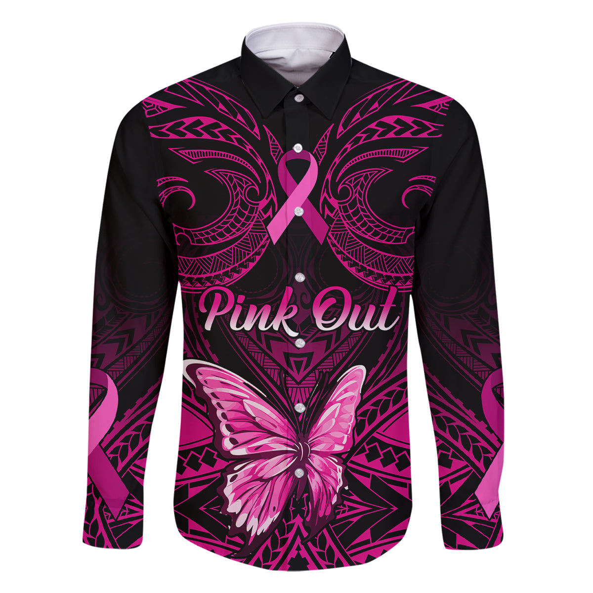 personalised-pink-out-family-matching-mermaid-dress-and-hawaiian-shirt-breast-cancer-awareness-polynesian-pattern-black-version