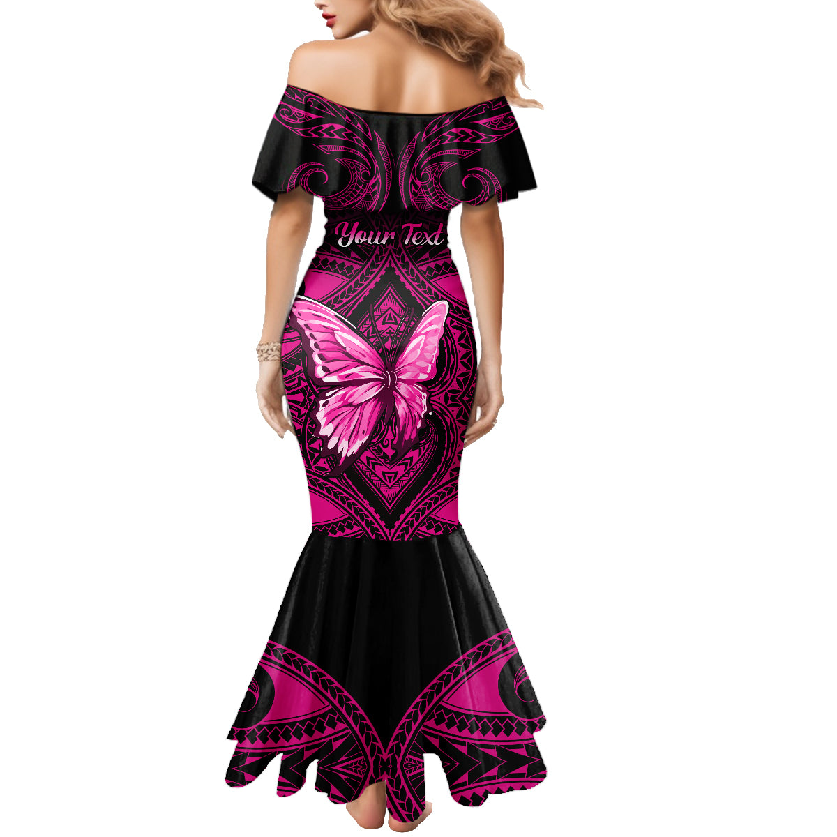 Personalised Pink Out Family Matching Mermaid Dress and Hawaiian Shirt Breast Cancer Awareness Polynesian Pattern Black Version LT01 - Polynesian Pride