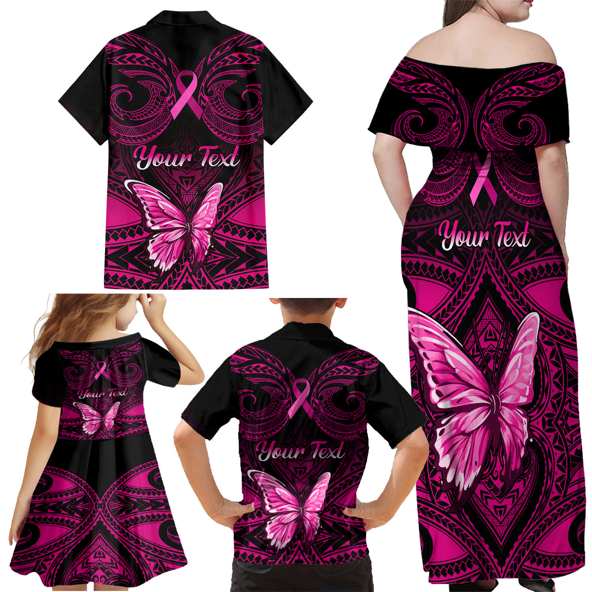personalised-pink-out-family-matching-off-shoulder-maxi-dress-and-hawaiian-shirt-breast-cancer-awareness-polynesian-pattern-black-version