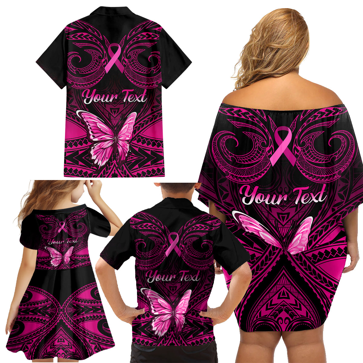 personalised-pink-out-family-matching-off-shoulder-short-dress-and-hawaiian-shirt-breast-cancer-awareness-polynesian-pattern-black-version
