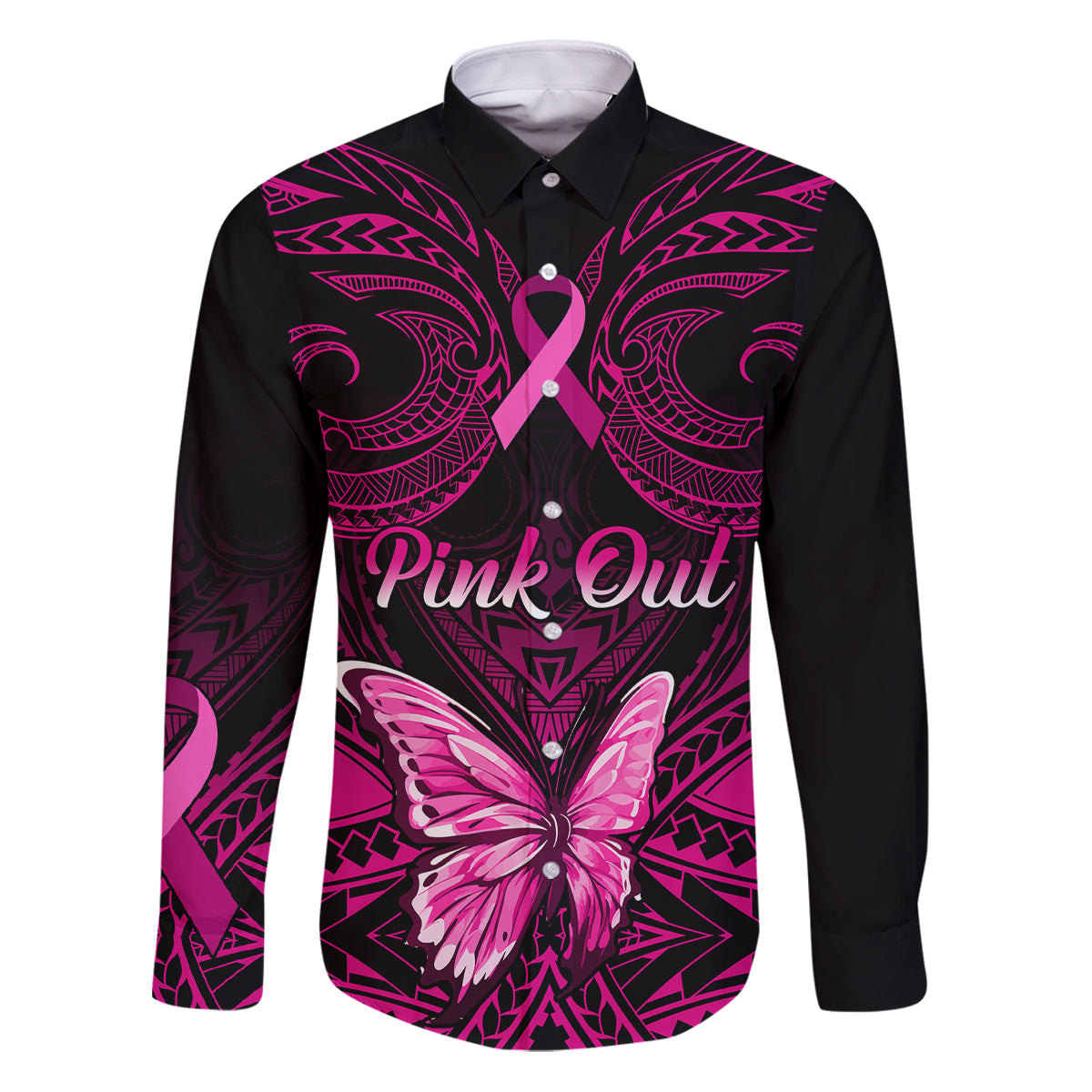 Personalised Pink Out Family Matching Puletasi Dress and Hawaiian Shirt Breast Cancer Awareness Polynesian Pattern Black Version LT01 Dad's Shirt - Long Sleeve Black - Polynesian Pride