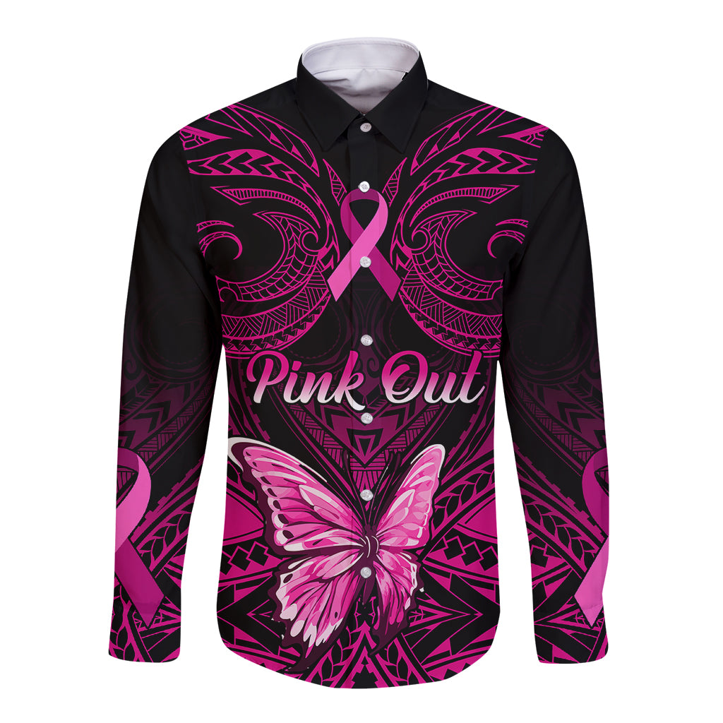 personalised-pink-out-long-sleeve-button-shirt-breast-cancer-awareness-polynesian-pattern-black-version