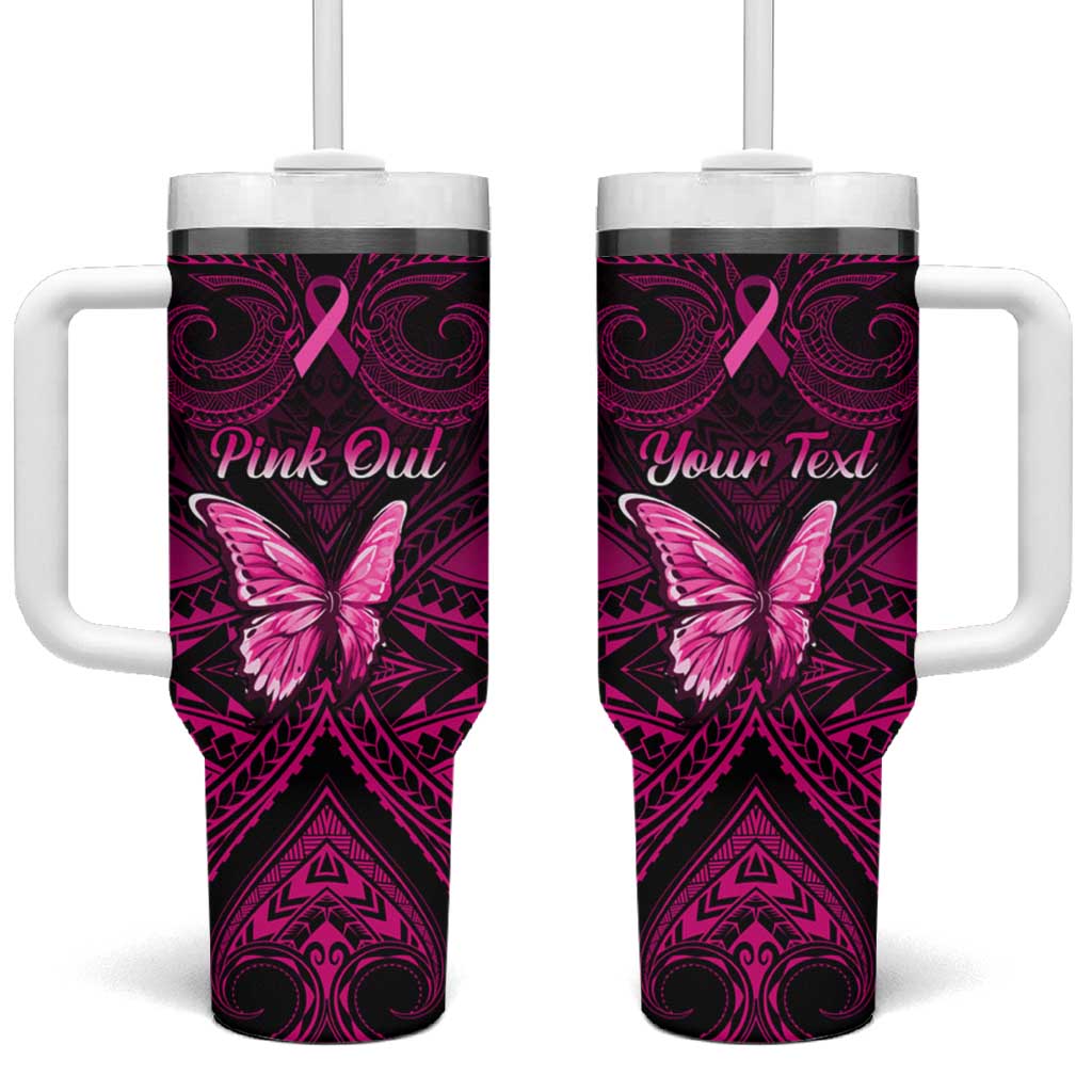 Personalised Pink Out Tumbler With Handle Breast Cancer Awareness Polynesian Pattern Black Version