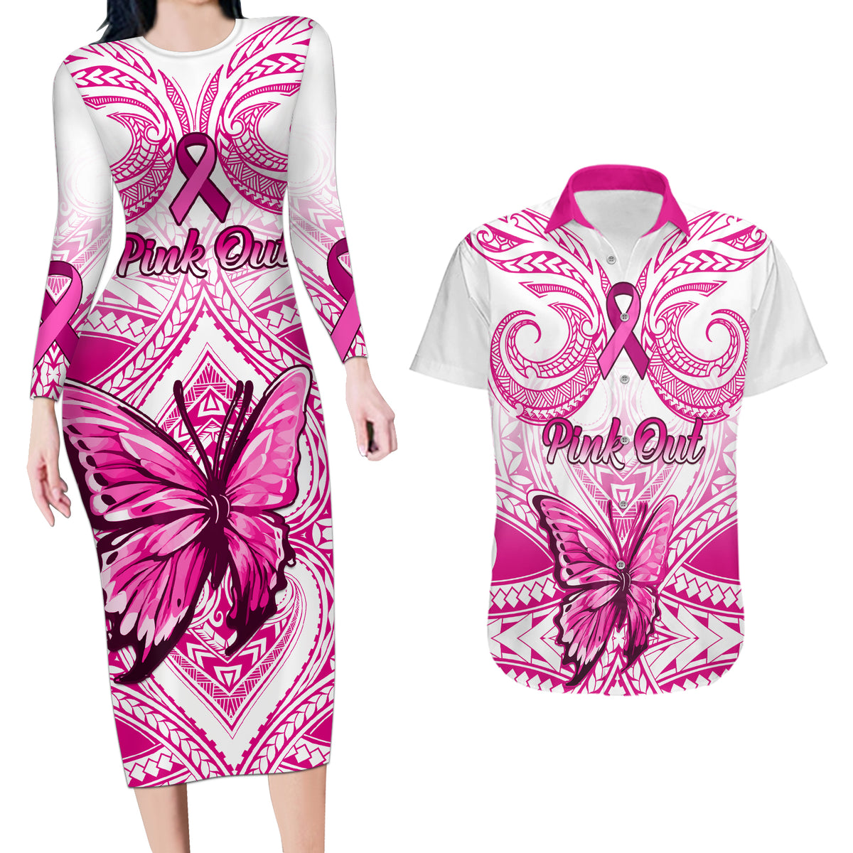 personalised-pink-out-couples-matching-long-sleeve-bodycon-dress-and-hawaiian-shirt-breast-cancer-awareness-polynesian-pattern-white-version