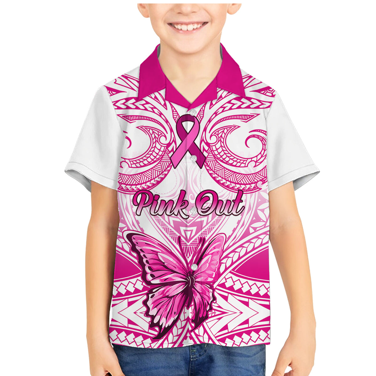 personalised-pink-out-family-matching-mermaid-dress-and-hawaiian-shirt-breast-cancer-awareness-polynesian-pattern-white-version