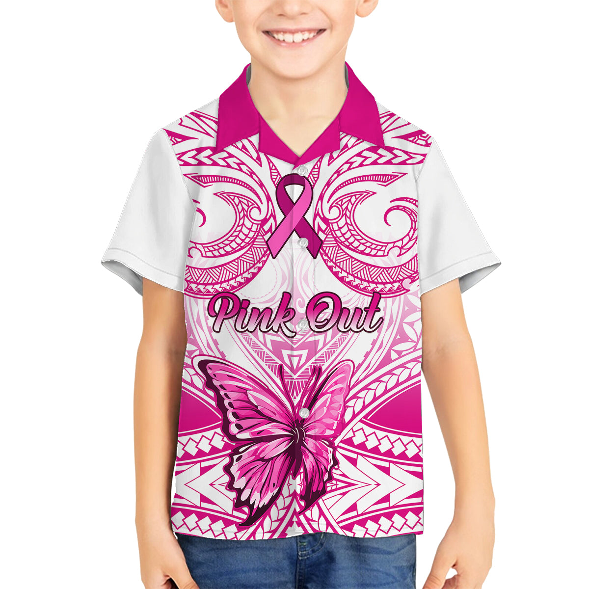 personalised-pink-out-family-matching-off-shoulder-long-sleeve-dress-and-hawaiian-shirt-breast-cancer-awareness-polynesian-pattern-white-version
