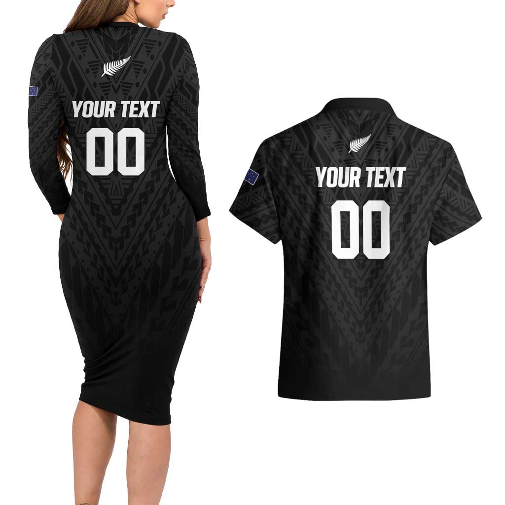 Custom Football New Zealand Couples Matching Long Sleeve Bodycon Dress and Hawaiian Shirt Aotearoa United Black Version LT01 - Polynesian Pride