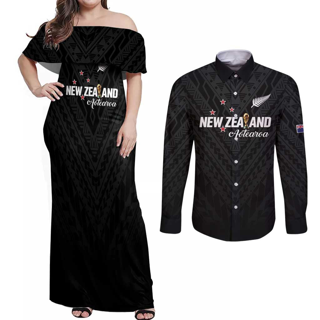 Custom Football New Zealand Couples Matching Off Shoulder Maxi Dress and Long Sleeve Button Shirt Aotearoa United Black Version LT01 Black - Polynesian Pride