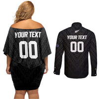 Custom Football New Zealand Couples Matching Off Shoulder Short Dress and Long Sleeve Button Shirt Aotearoa United Black Version LT01 - Polynesian Pride