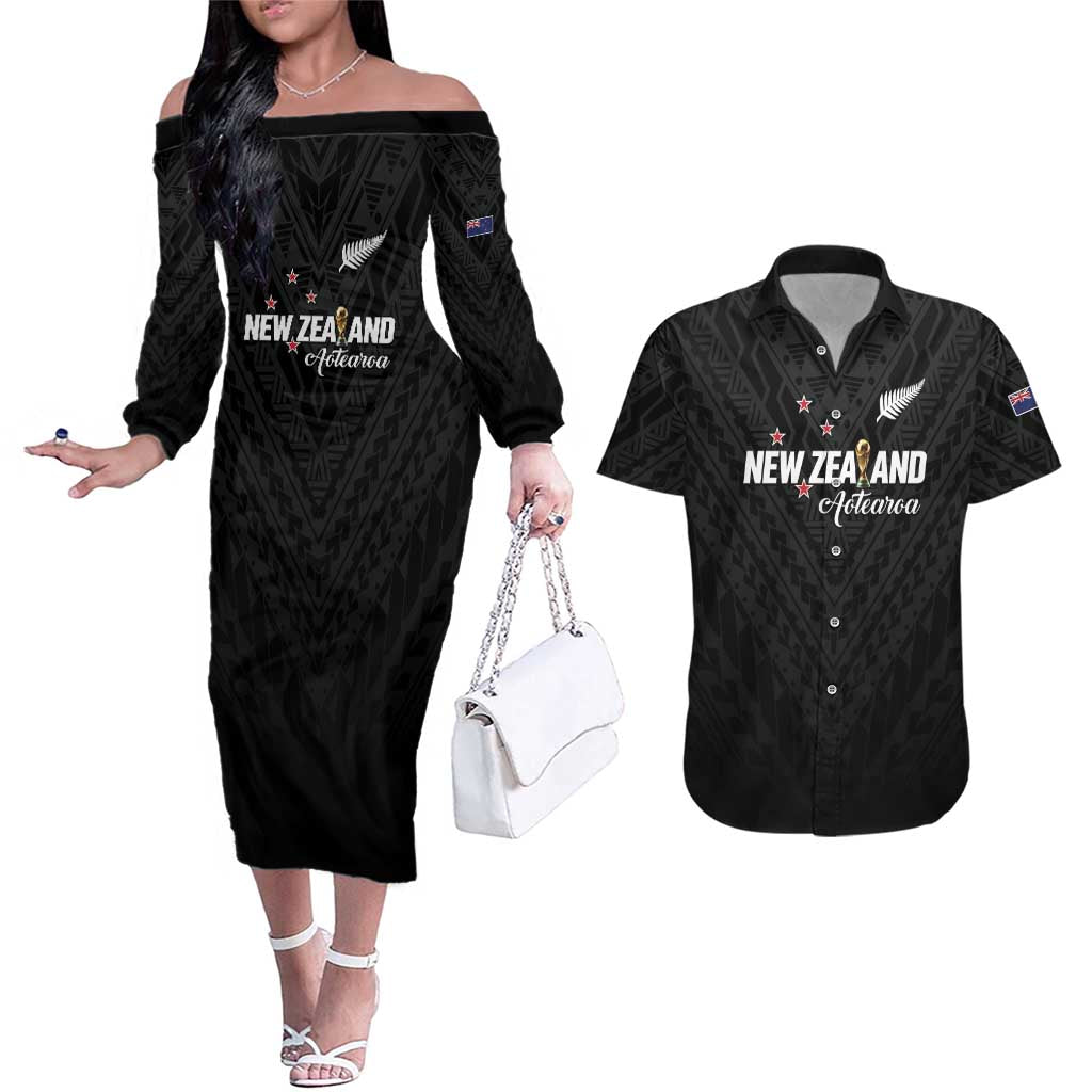 Custom Football New Zealand Couples Matching Off The Shoulder Long Sleeve Dress and Hawaiian Shirt Aotearoa United Black Version - Polynesian Pride