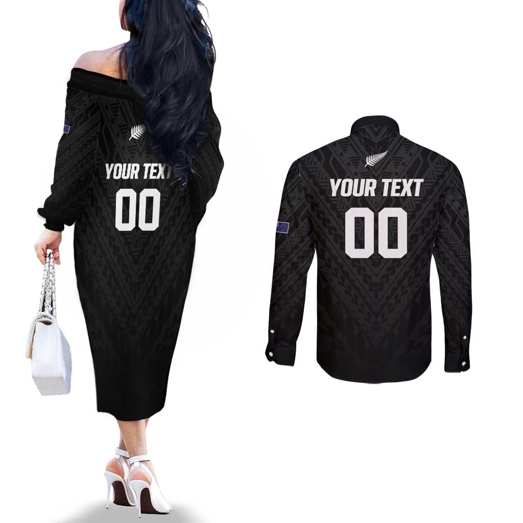 Custom Football New Zealand Couples Matching Off The Shoulder Long Sleeve Dress and Long Sleeve Button Shirt Aotearoa United Black Version LT01 - Polynesian Pride