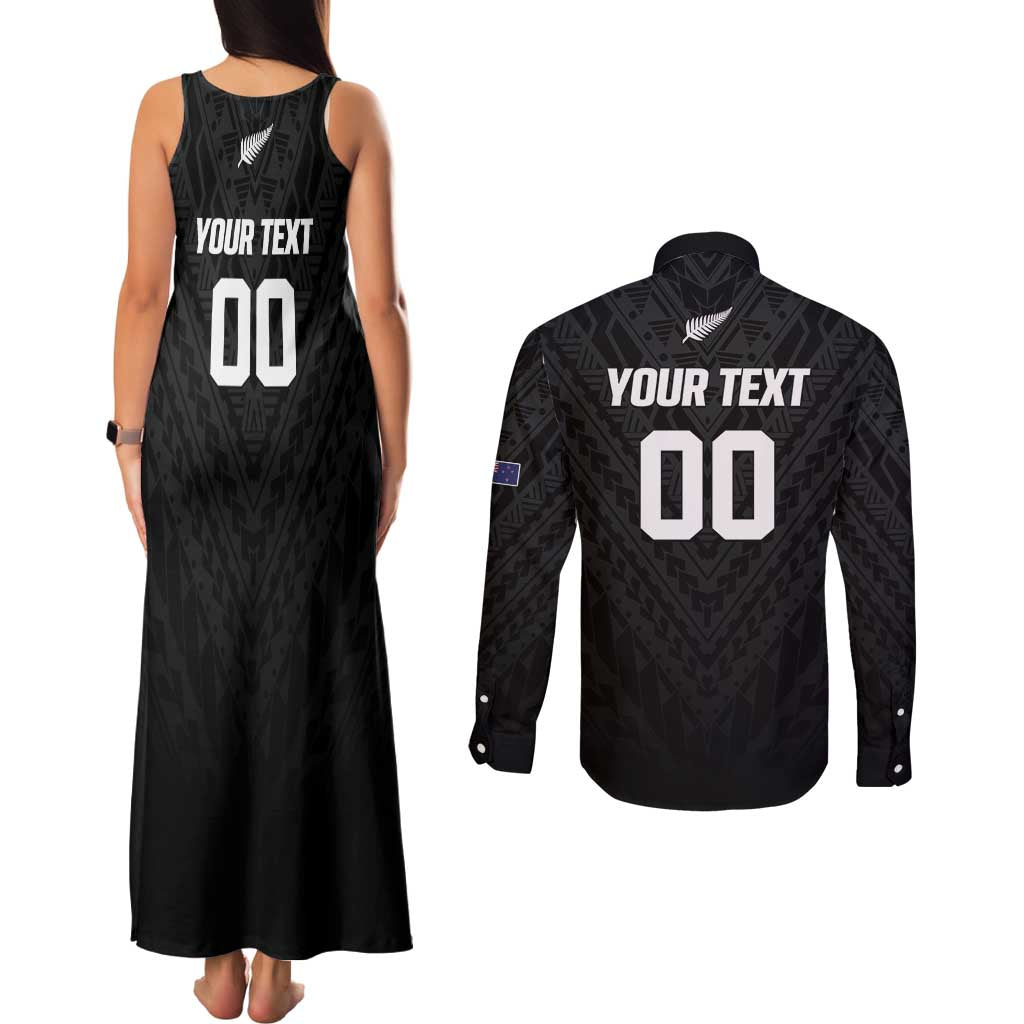 Custom Football New Zealand Couples Matching Tank Maxi Dress and Long Sleeve Button Shirt Aotearoa United Black Version LT01 - Polynesian Pride