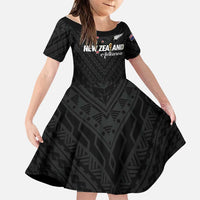 Custom Football New Zealand Family Matching Long Sleeve Bodycon Dress and Hawaiian Shirt Aotearoa United Black Version LT01 Daughter's Dress Black - Polynesian Pride