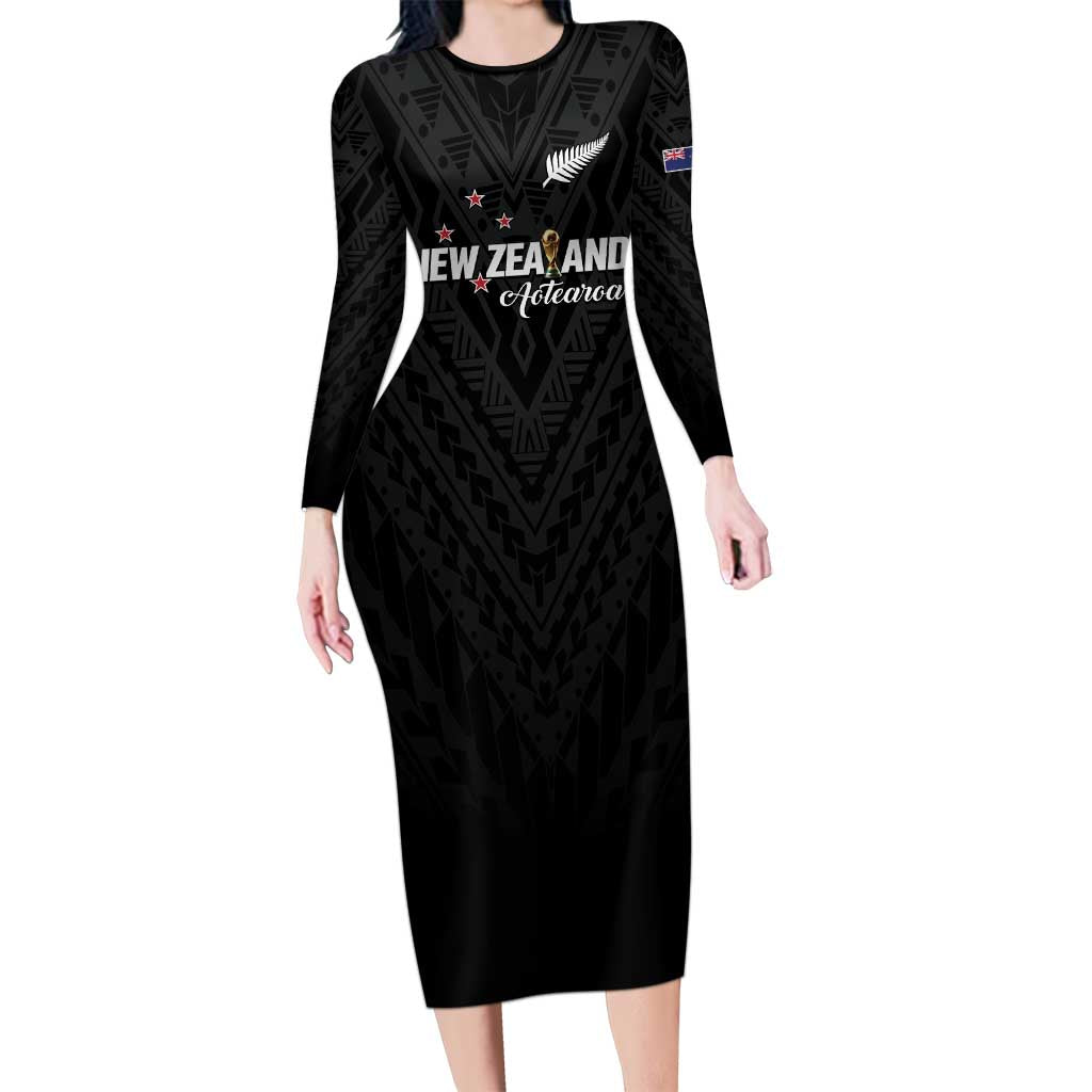 Custom Football New Zealand Family Matching Long Sleeve Bodycon Dress and Hawaiian Shirt Aotearoa United Black Version LT01 Mom's Dress Black - Polynesian Pride