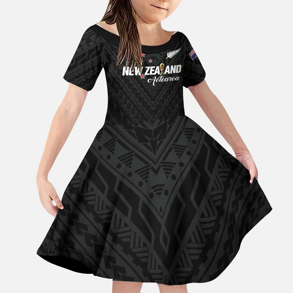 Custom Football New Zealand Family Matching Off Shoulder Maxi Dress and Hawaiian Shirt Aotearoa United Black Version LT01 Daughter's Dress Black - Polynesian Pride
