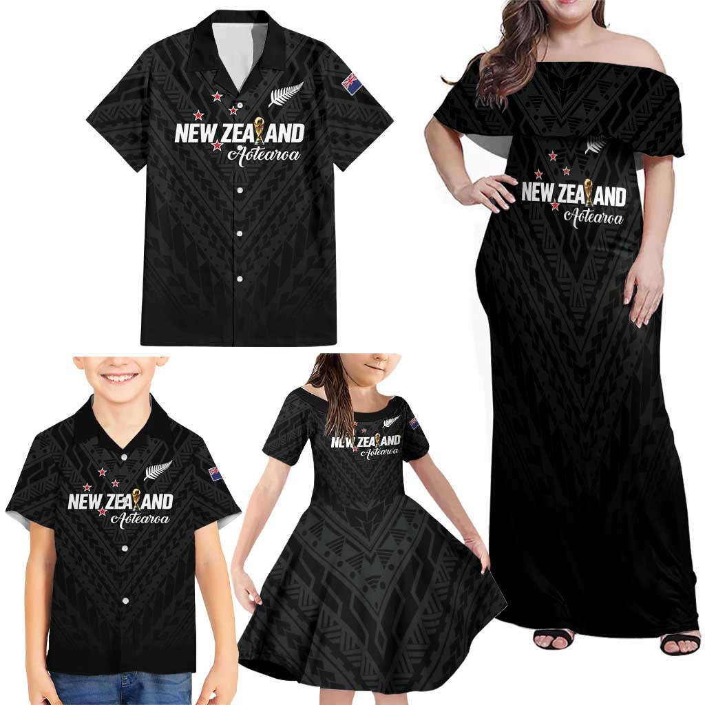 Custom Football New Zealand Family Matching Off Shoulder Maxi Dress and Hawaiian Shirt Aotearoa United Black Version LT01 - Polynesian Pride