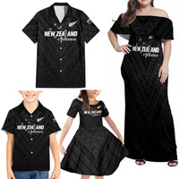 Custom Football New Zealand Family Matching Off Shoulder Maxi Dress and Hawaiian Shirt Aotearoa United Black Version LT01 - Polynesian Pride