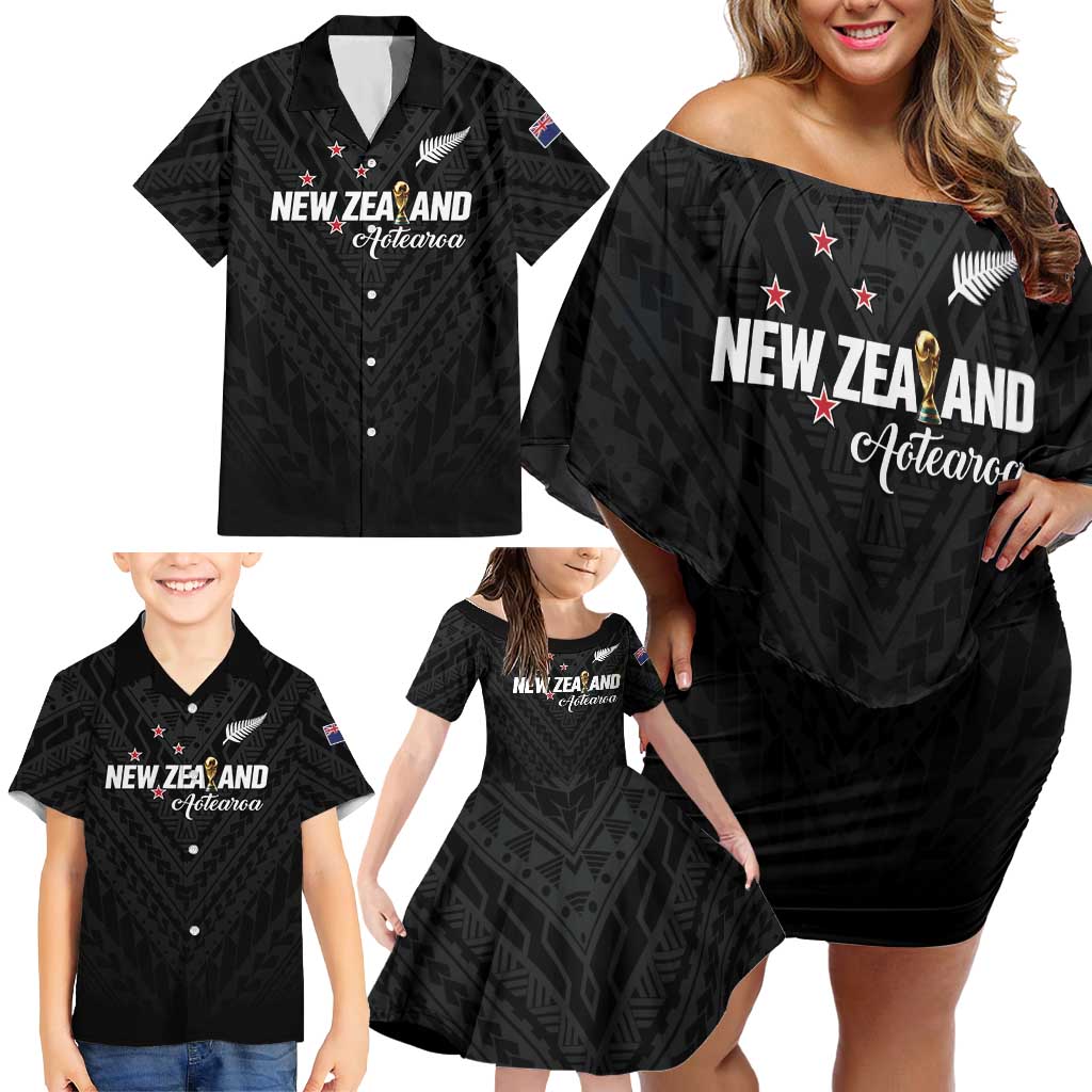 Custom Football New Zealand Family Matching Off Shoulder Short Dress and Hawaiian Shirt Aotearoa United Black Version LT01 - Polynesian Pride