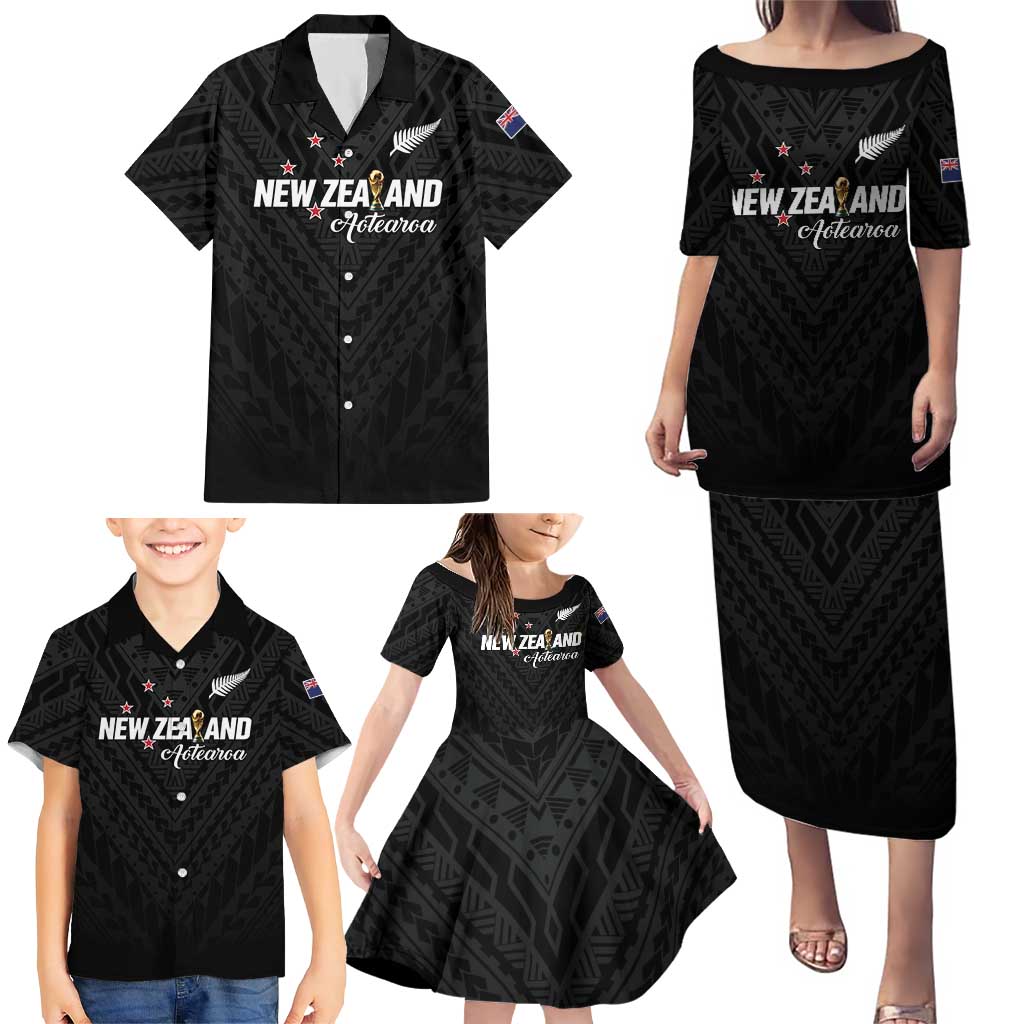 Custom Football New Zealand Family Matching Puletasi and Hawaiian Shirt Aotearoa United Black Version - Polynesian Pride