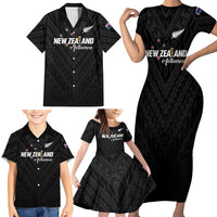 Custom Football New Zealand Family Matching Short Sleeve Bodycon Dress and Hawaiian Shirt Aotearoa United Black Version LT01 - Polynesian Pride