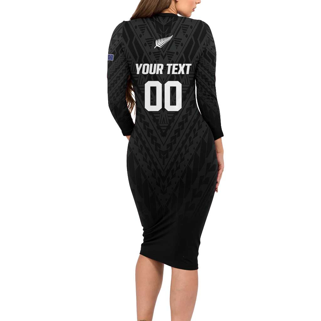 Custom Football New Zealand Long Sleeve Bodycon Dress Aotearoa United Black Version LT01 - Polynesian Pride
