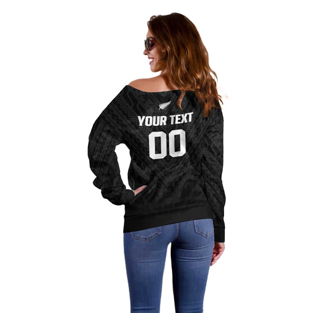 Custom Football New Zealand Off Shoulder Sweater Aotearoa United Black Version - Polynesian Pride
