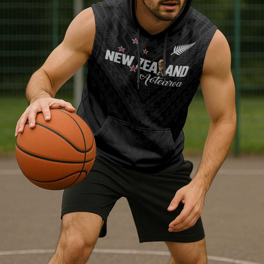 Custom Football New Zealand Sleeveless Hoodie Aotearoa United Black Version - Polynesian Pride