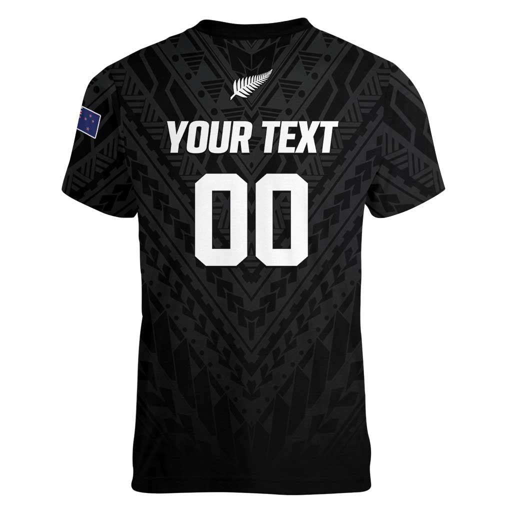 Custom Football New Zealand Women V-Neck T-Shirt Aotearoa United Black Version LT01 - Polynesian Pride
